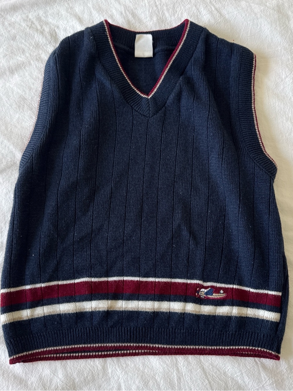 Navy V-Neck Knit Sweater Vest with Striped Hem
